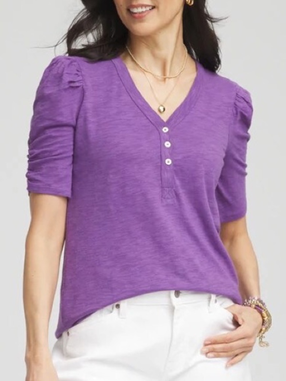 Chicos Shirred-Sleeve Henley Tee sz 20